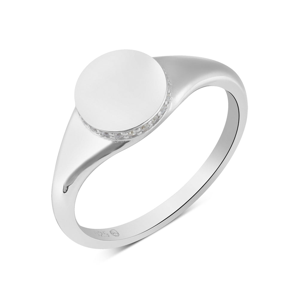 Argento Silver Circle CZ Engravable Signet Ring