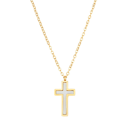 Over & Over Gold 14k Stainless Steel Mother of Pearl Cross Necklace