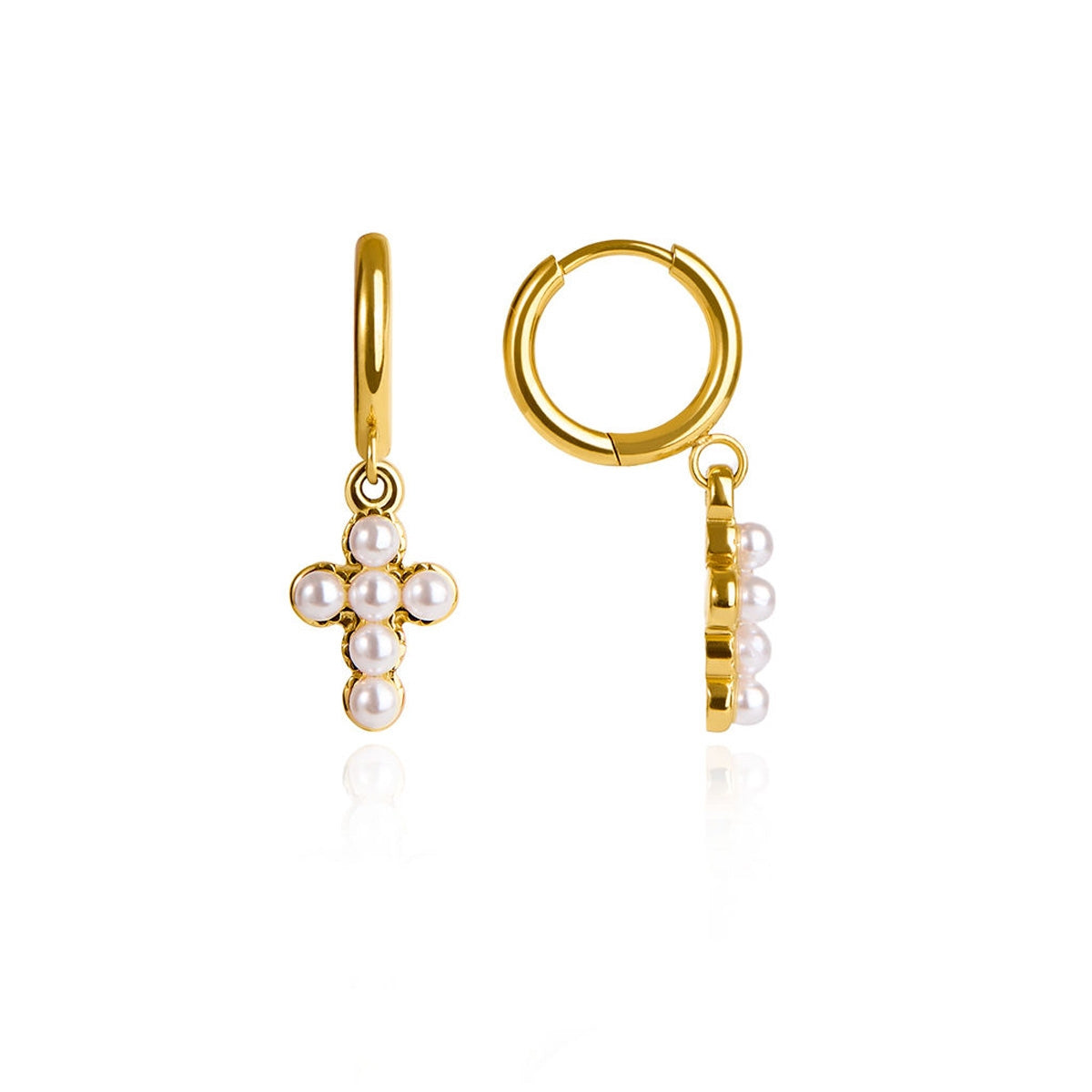 Over & Over Gold Stainless Steel Cross Pearl Hoop Earrings