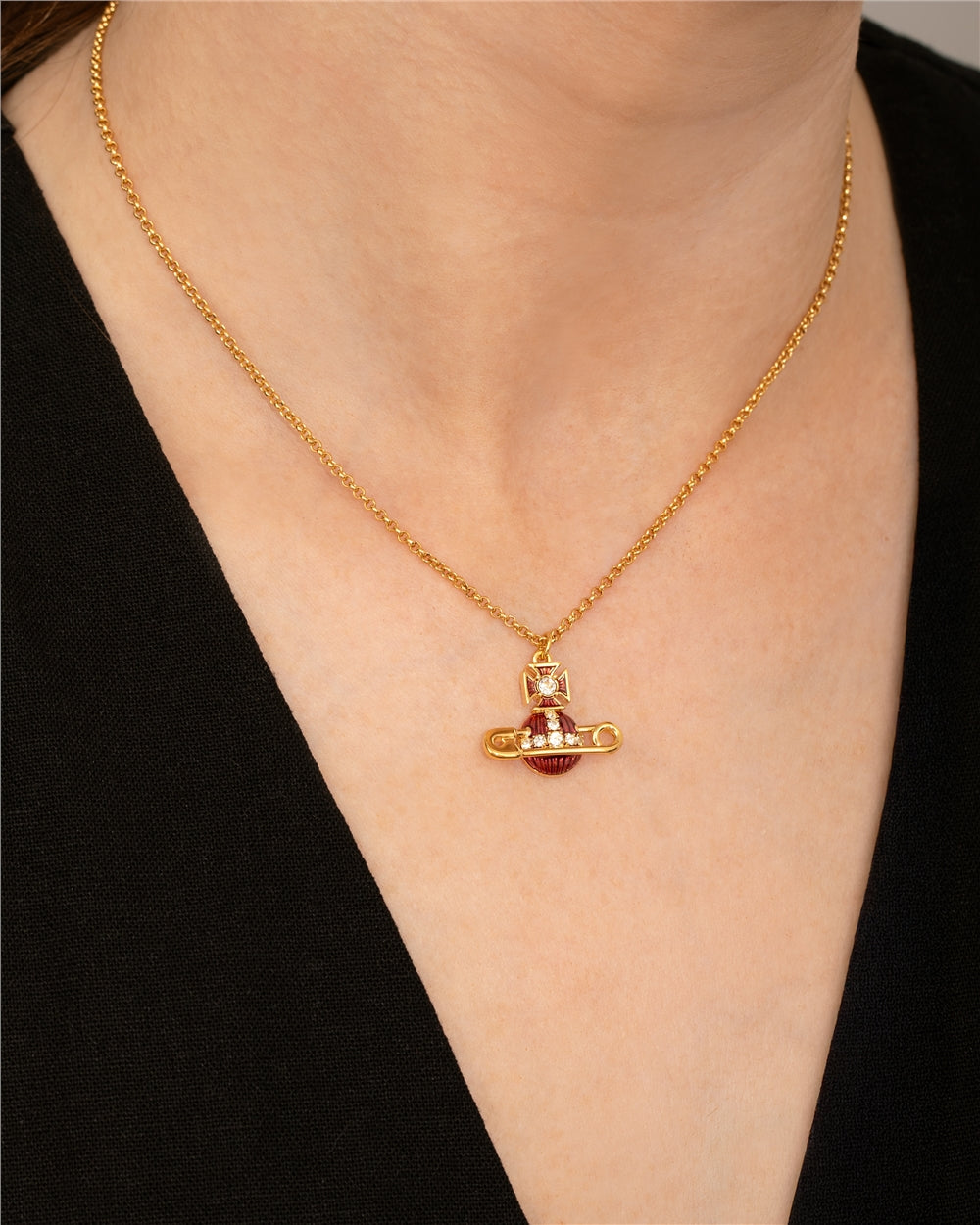 Vivienne Westwood Gold Kitty Amethyst Enamel Safety Pin Necklace