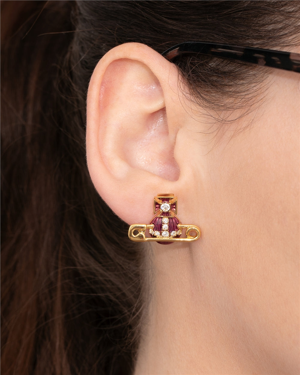 Vivienne Westwood Gold Kitty Amethyst Enamel Safety Pin Studs