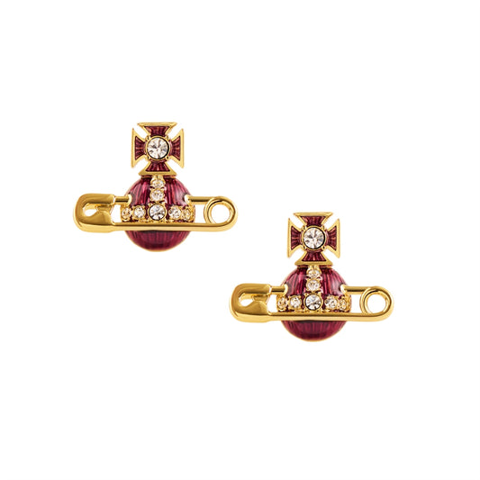 Vivienne Westwood Gold Kitty Amethyst Enamel Safety Pin Studs