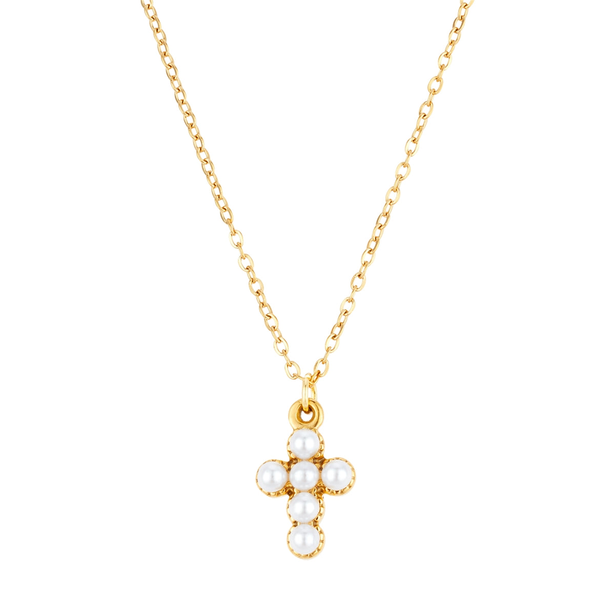 Over & Over Gold Pearl Cross Necklace