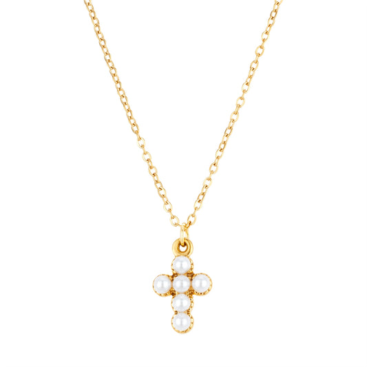 Over & Over Gold Pearl Cross Necklace