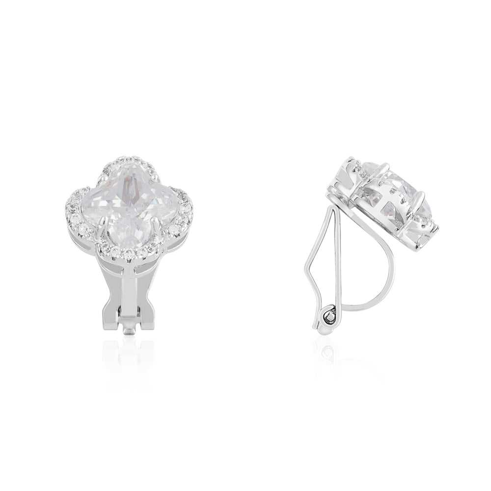 August Woods Silver CZ Halo Clover Clip On Earring
