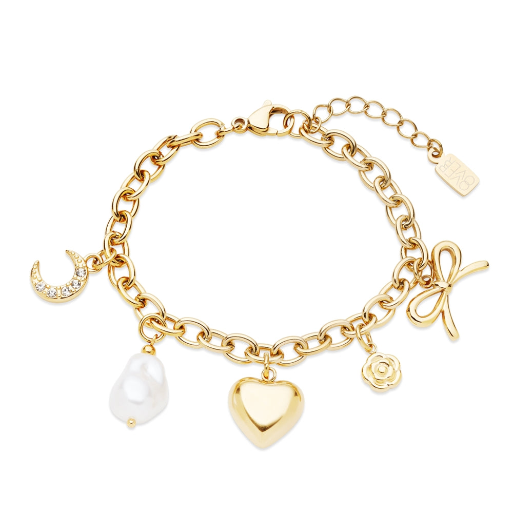 Over & Over Gold 14k Stainless Steel Puffy Heart Charm Bracelet
