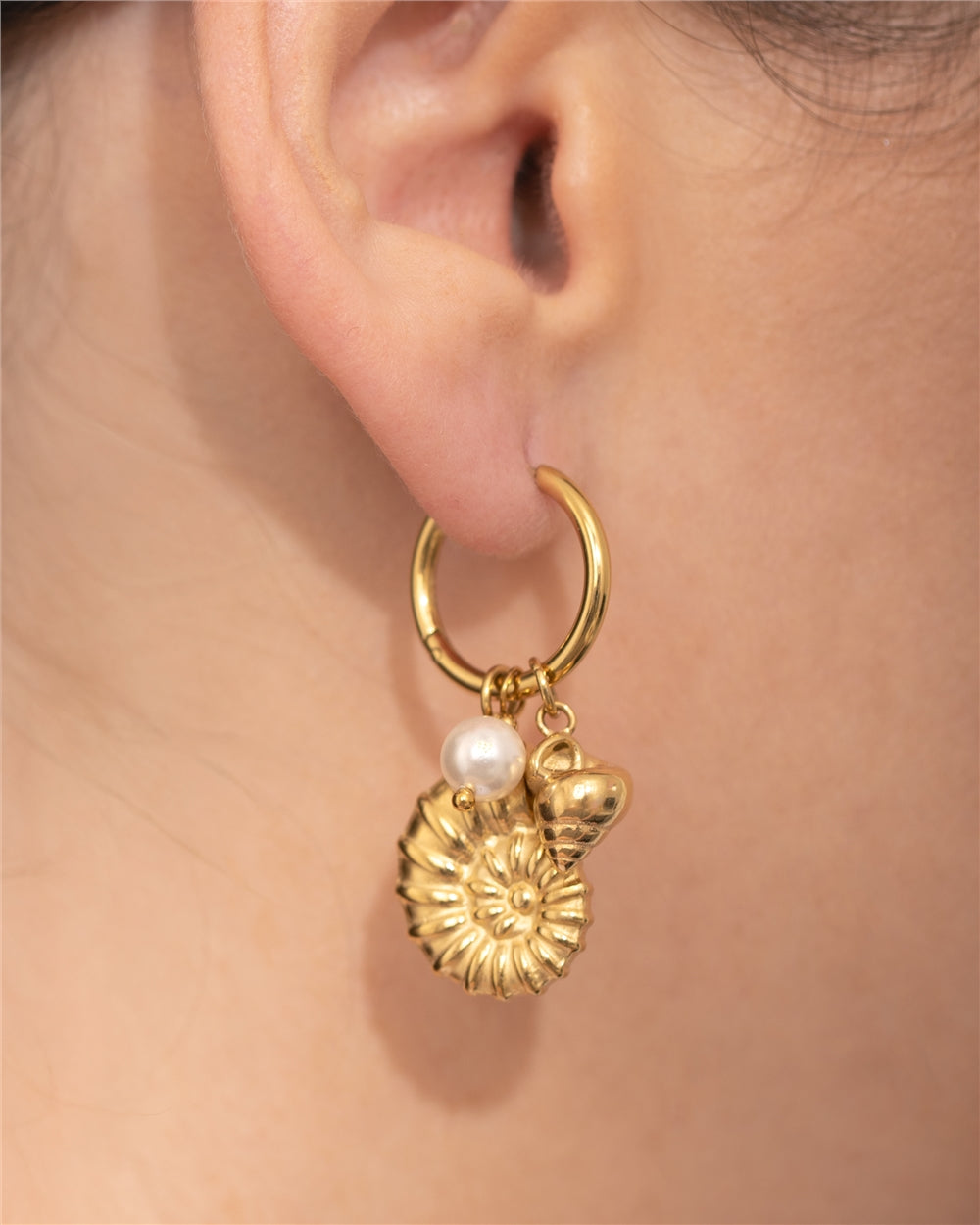 Over & Over Gold 14k Stainless Steel Shell Charm Hoops