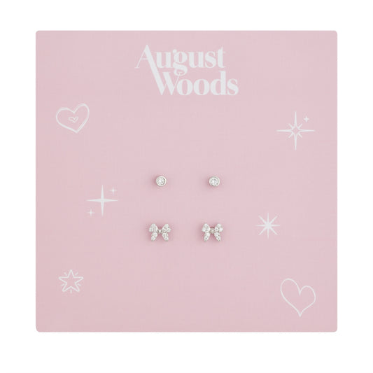 August Woods Silver Kids 2 Pack Bow CZ Earrings