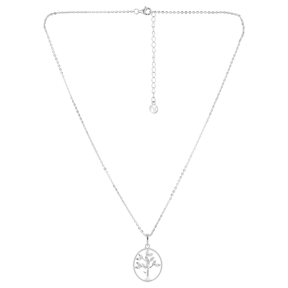 Argento Silver Oval CZ Leaf Tree of Life Necklace