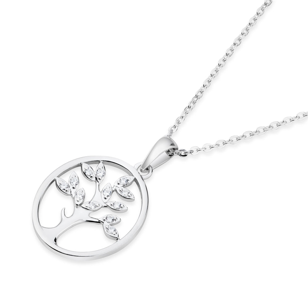 Argento Silver Oval CZ Leaf Tree of Life Necklace