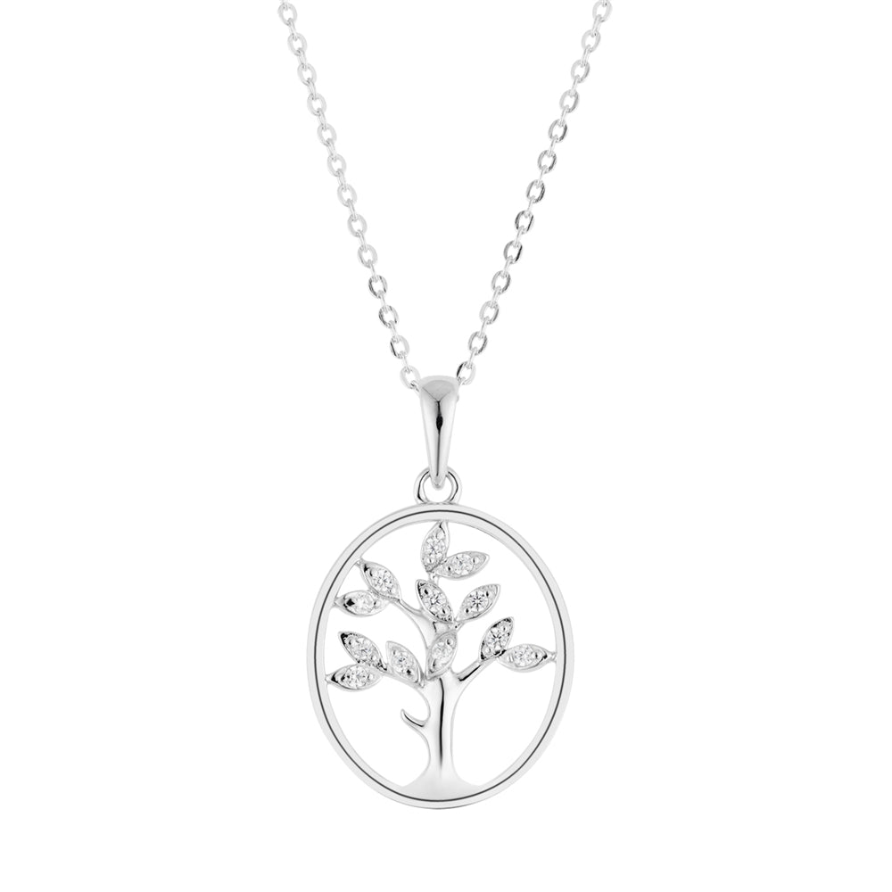 Argento Silver Oval CZ Leaf Tree of Life Necklace