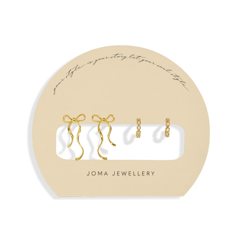 Joma Gold Bow and CZ Huggie  Set of 2 Earrings