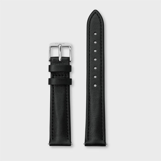 CLUSE Silver 16 mm Black Leather Strap