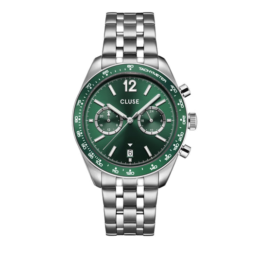 CLUSE Silver Aravis Dual Timer Green Watch