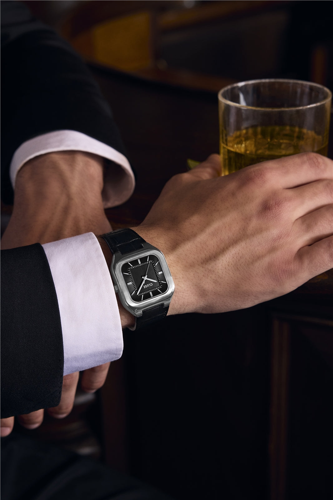 CLUSE Silver Quadrus Black Leather Watch