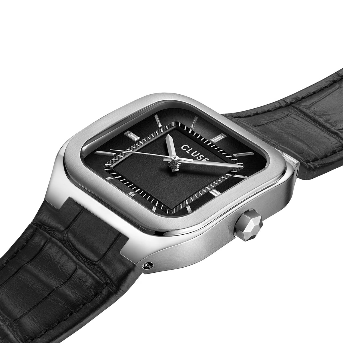 CLUSE Silver Quadrus Black Leather Watch