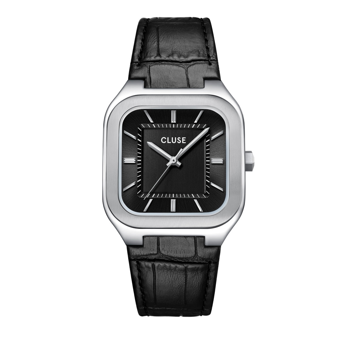 CLUSE Silver Quadrus Black Leather Watch