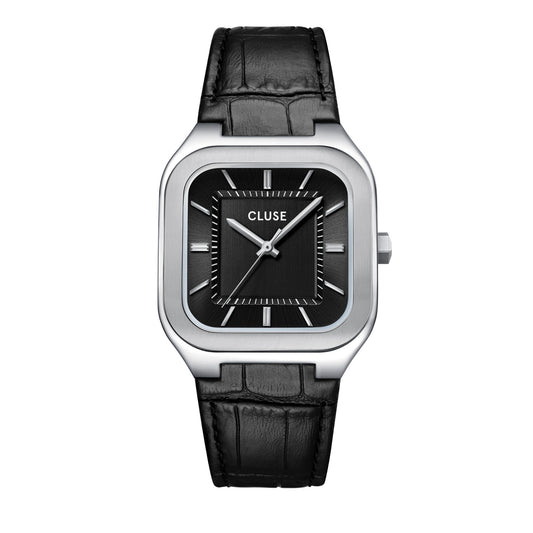 CLUSE Silver Quadrus Black Leather Watch