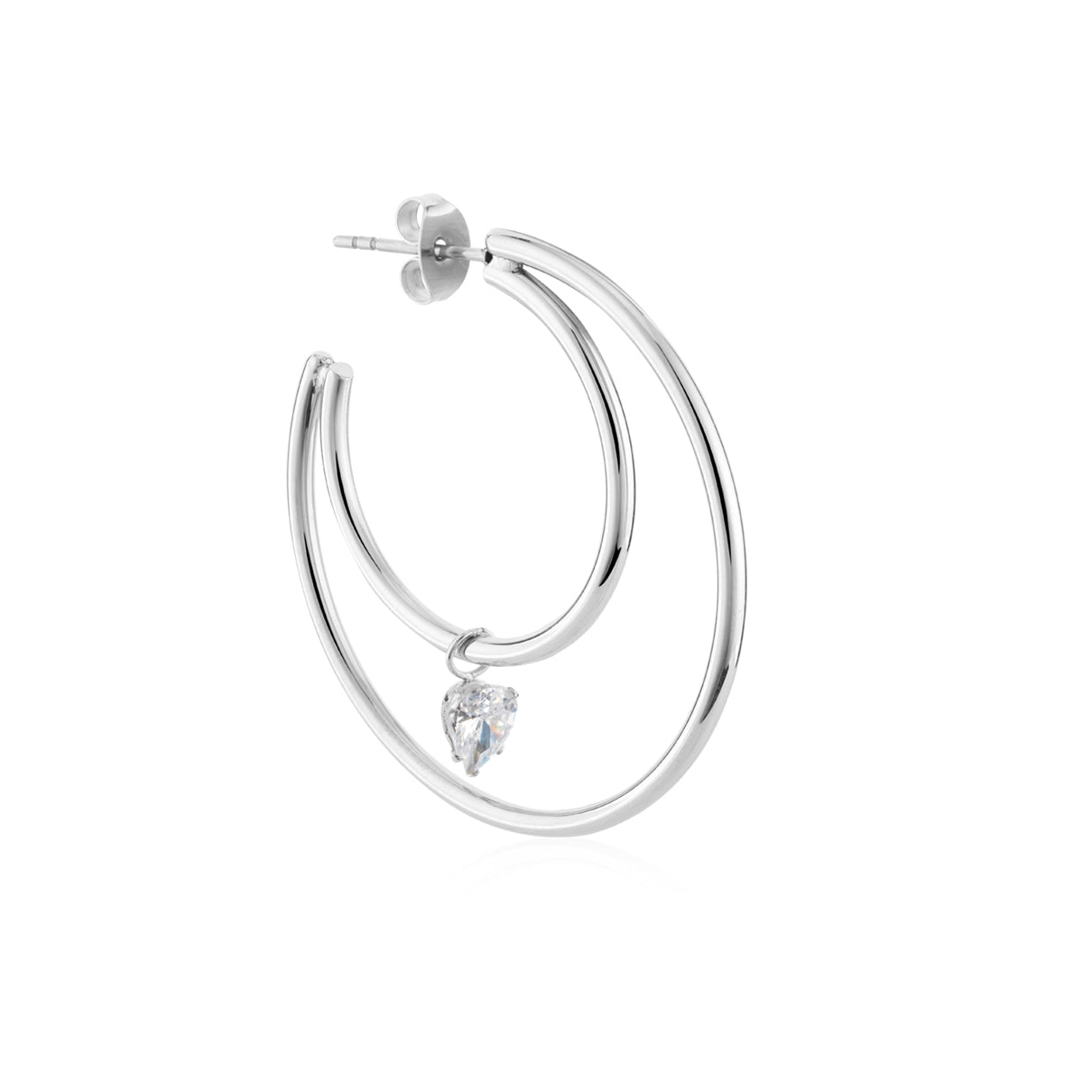 Over & Over Silver Heart CZ Double Hoop Earrings