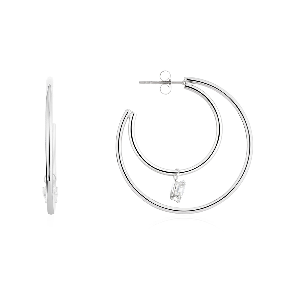 Over & Over Silver Heart CZ Double Hoop Earrings