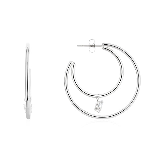 Over & Over Silver Heart CZ Double Hoop Earrings