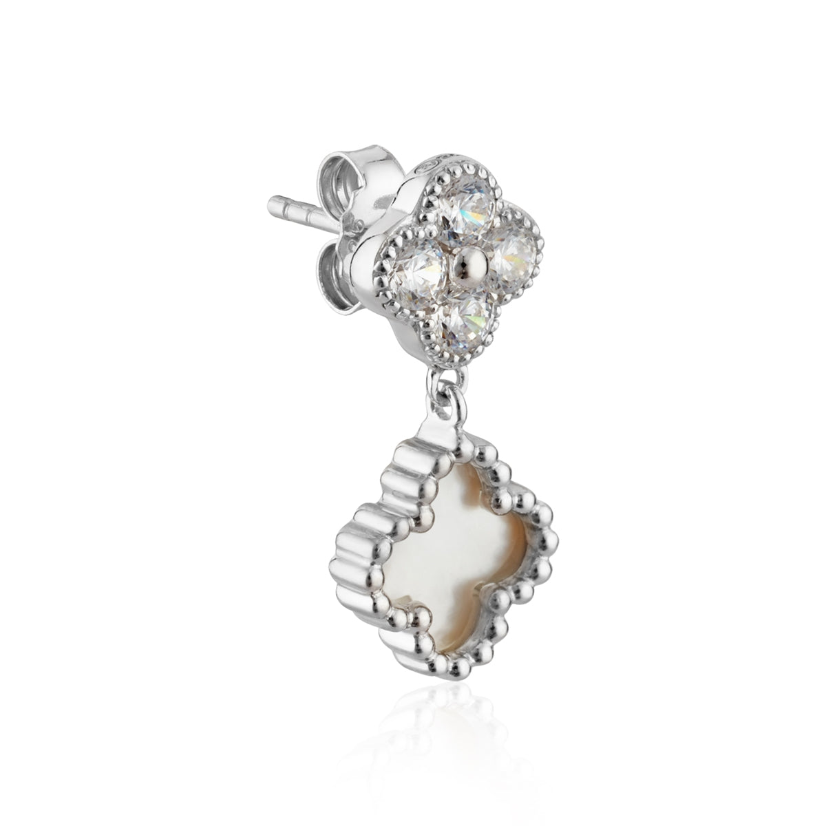 Argento Silver Double Clover CZ Mother of Pearl Drop Earrings