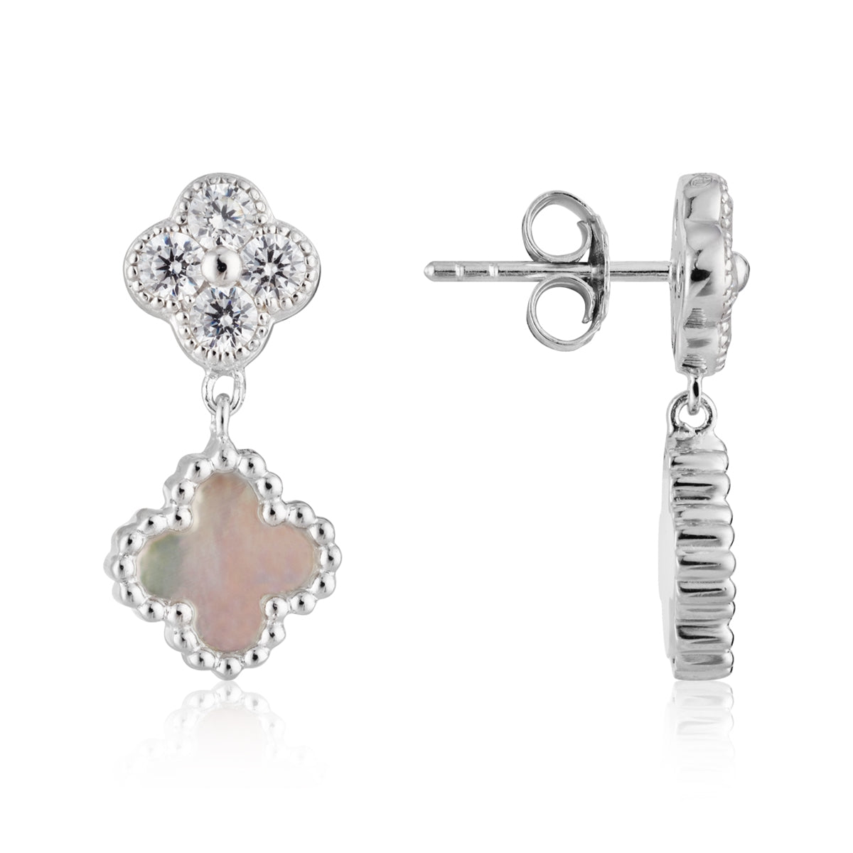 Argento Silver Double Clover CZ Mother of Pearl Drop Earrings