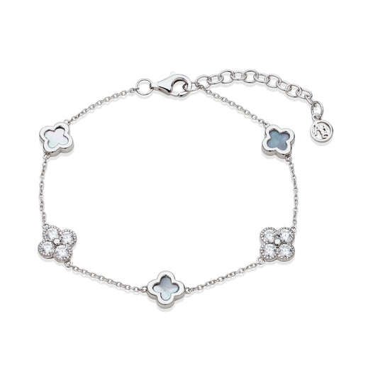 Argento Silver Multi Clover CZ Mother of Pearl Bracelet