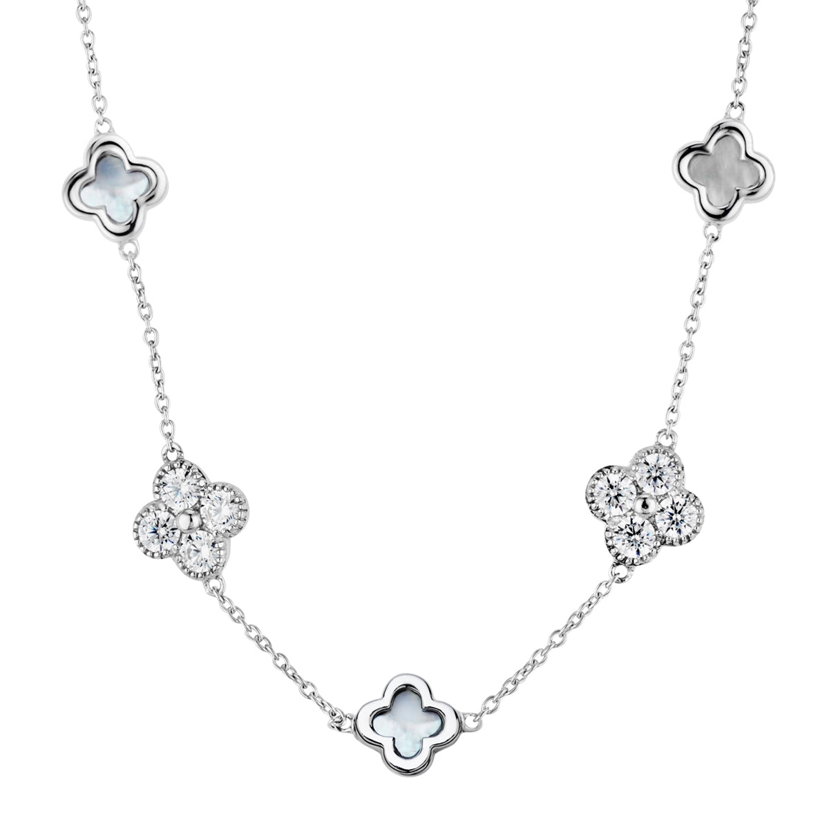 Argento Silver Multi Clover CZ Mother of Pearl Necklace