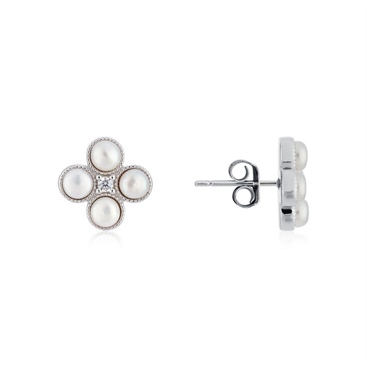 Argento Silver Pearl Clover Stud Earrings