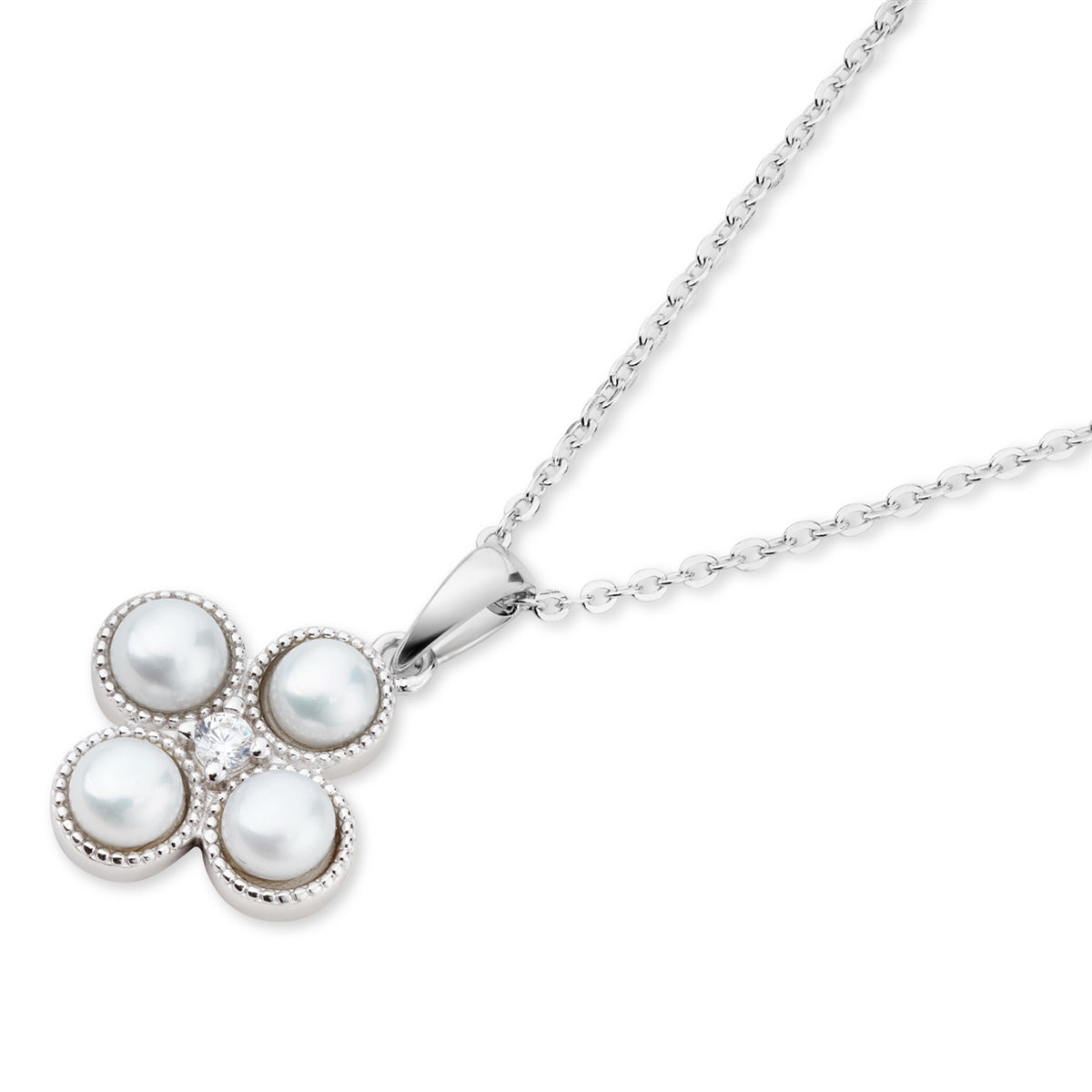 Argento Silver Pearl Clover Studded Necklace