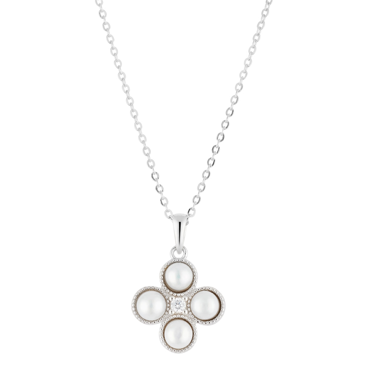 Argento Silver Pearl Clover Studded Necklace