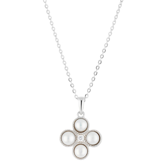 Argento Silver Pearl Clover Studded Necklace