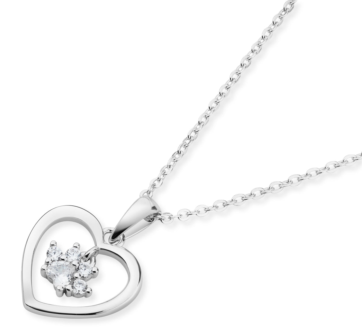 Argento Silver CZ Heart Dangle Paw Necklace