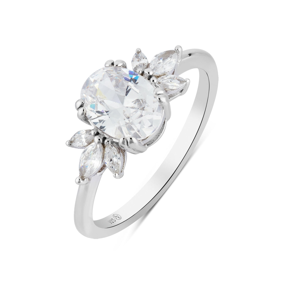 Argento Silver CZ Floral Cluster Oval Solitaire Ring