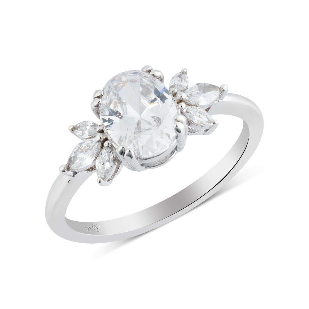 Argento Silver CZ Floral Cluster Oval Solitaire Ring
