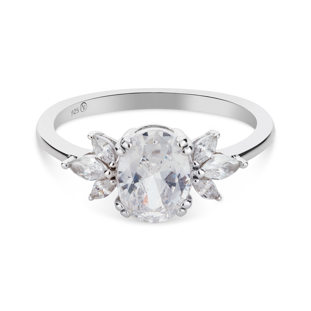 Argento Silver CZ Floral Cluster Oval Solitaire Ring