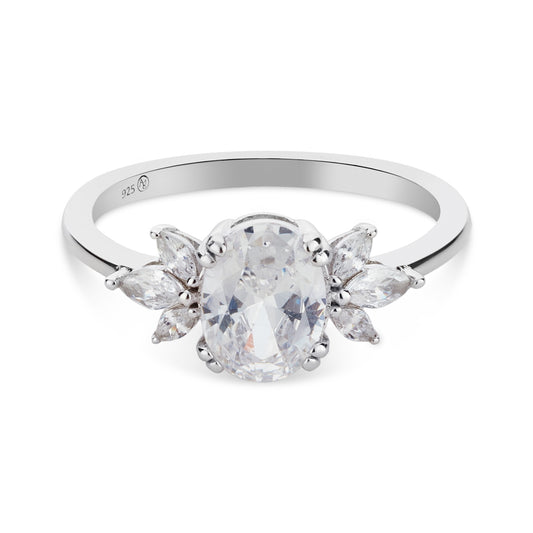 Argento Silver CZ Floral Cluster Oval Solitaire Ring