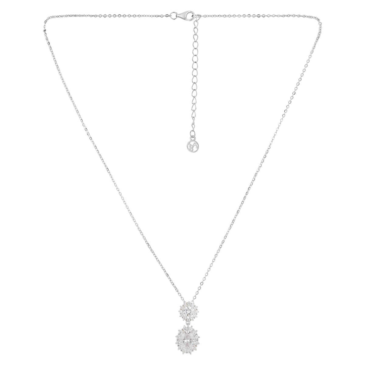 Argento Silver Double Halo Cluster Drop Necklace
