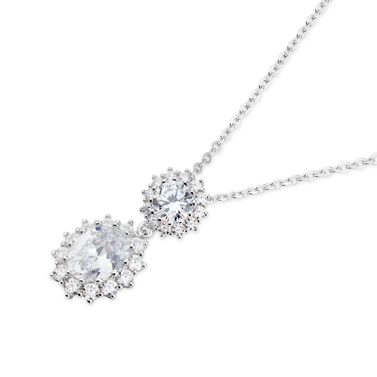Argento Silver Double Halo Cluster Drop Necklace