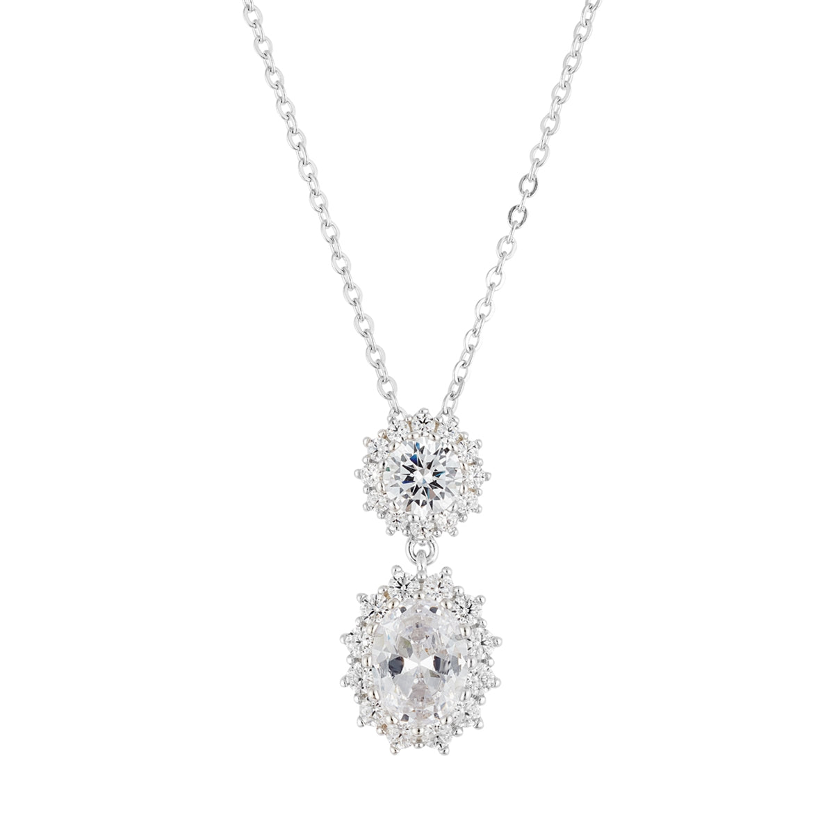 Argento Silver Double Halo Cluster Drop Necklace