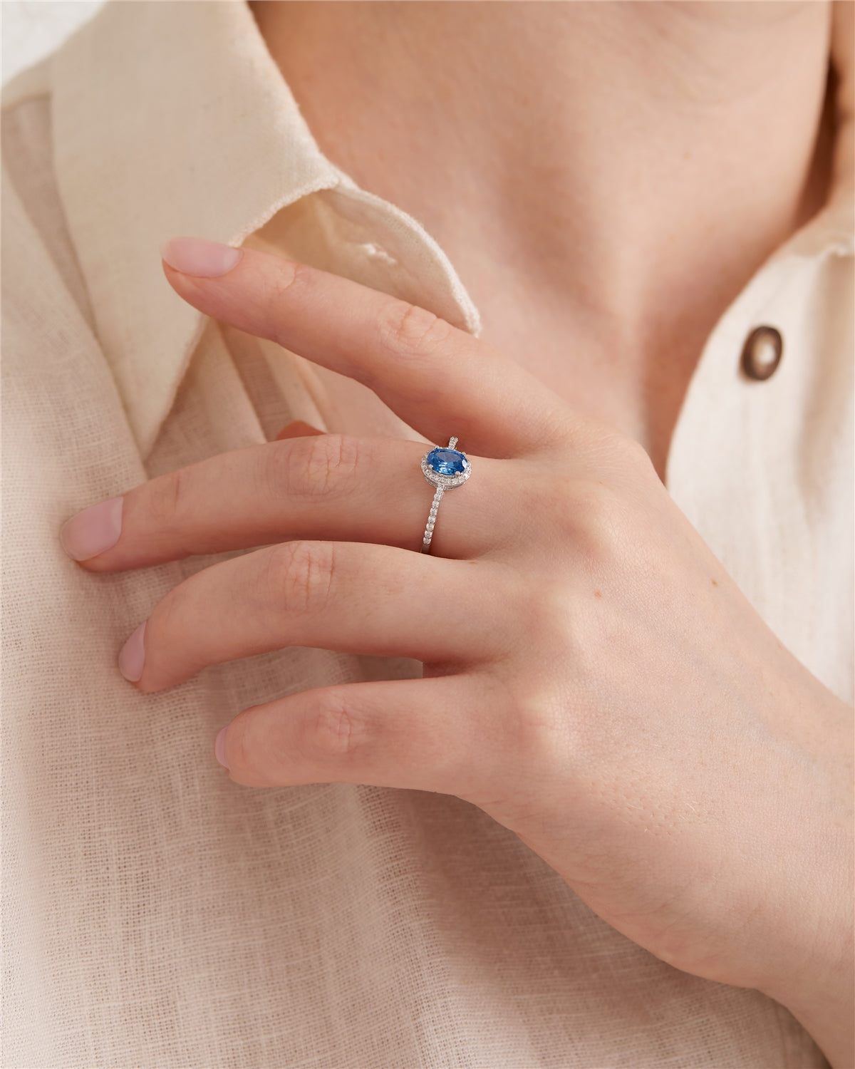 Argento Silver Light Blue Oval Halo Ring