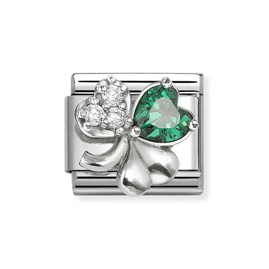 Nomination Silver White and Green CZ Clover Charm