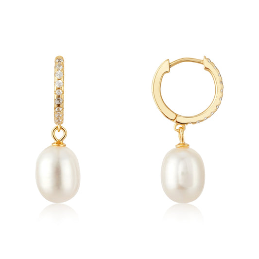 Argento Gold 14k Plated CZ Pearl Hoop Earrings