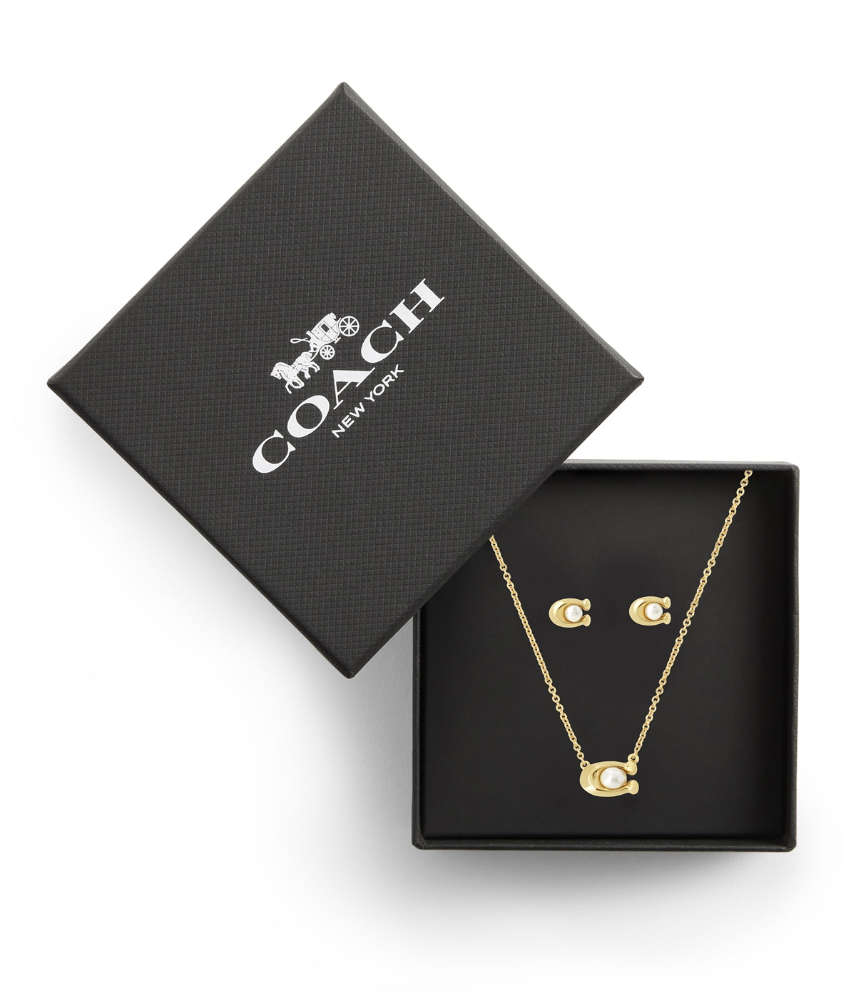 Coach Gold C Pearl Starter Box Stud and Necklace Set