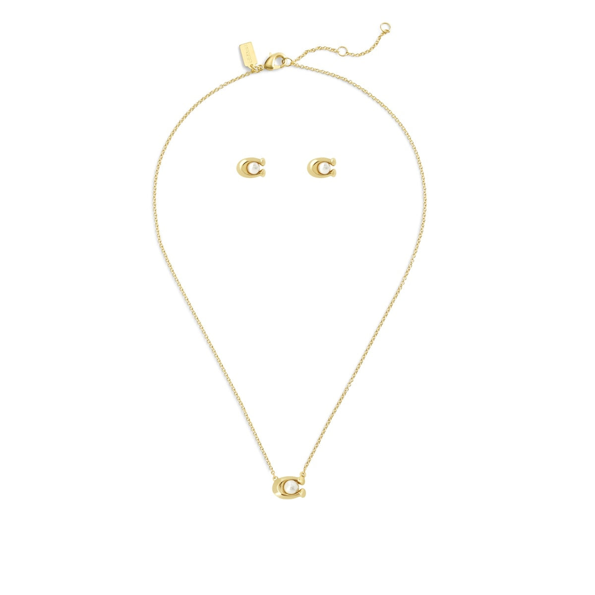 Coach Gold C Pearl Starter Box Stud and Necklace Set