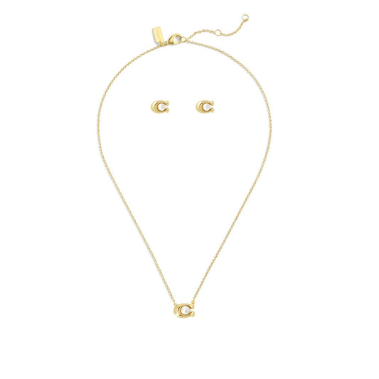 Coach Gold C Pearl Starter Box Stud and Necklace Set