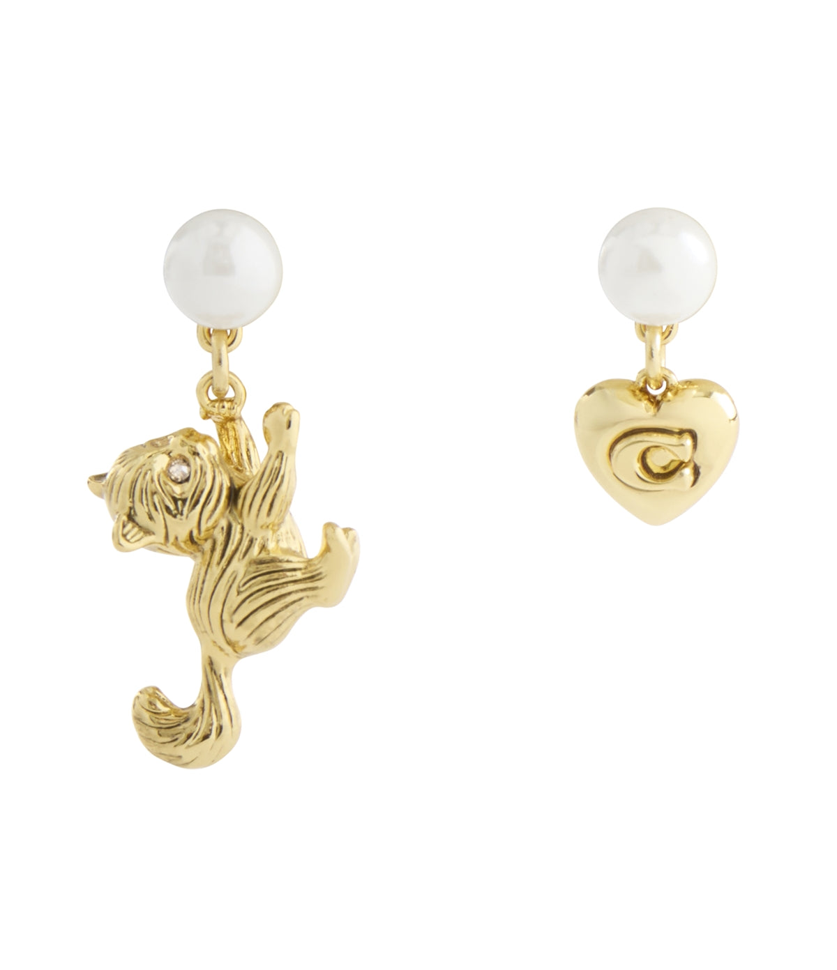 Coach Gold Cat Pearl Heart Asymmetrical Drop Earrings