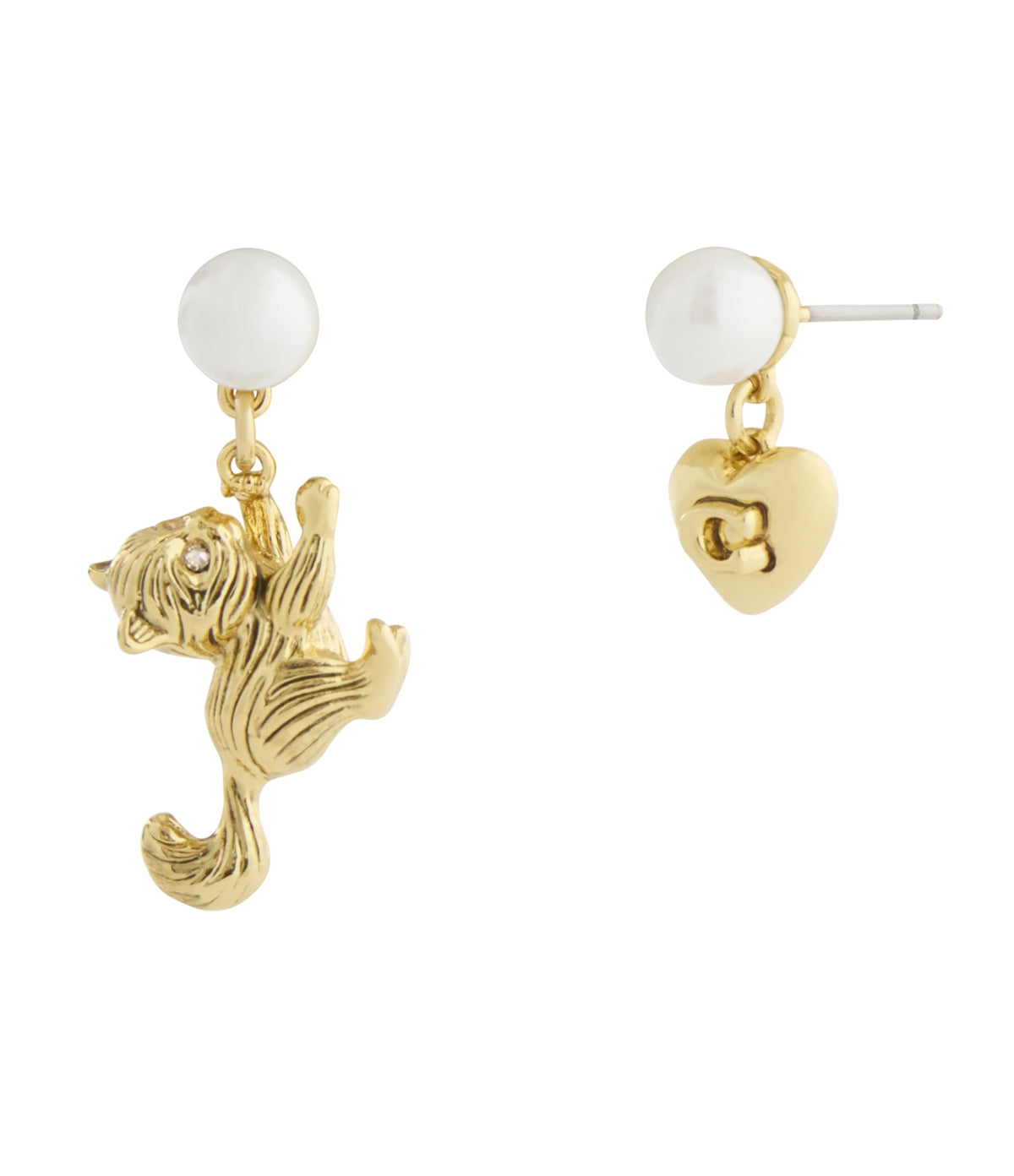 Coach Gold Cat Pearl Heart Asymmetrical Drop Earrings