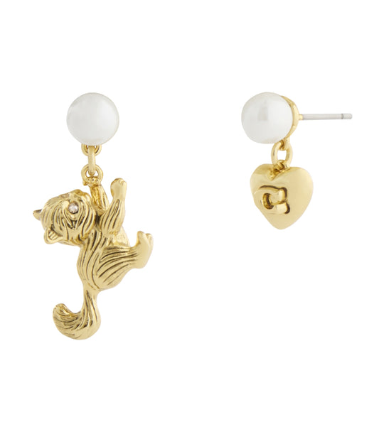 Coach Gold Cat Pearl Heart Asymmetrical Drop Earrings